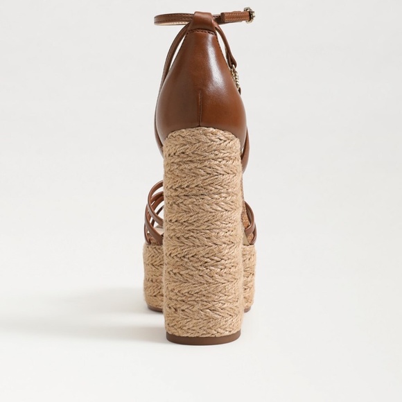 Sam Edelman Kade Cognac Leather Platform Sandals | 5.5" Heel Woven Detail - Picture 3 of 5